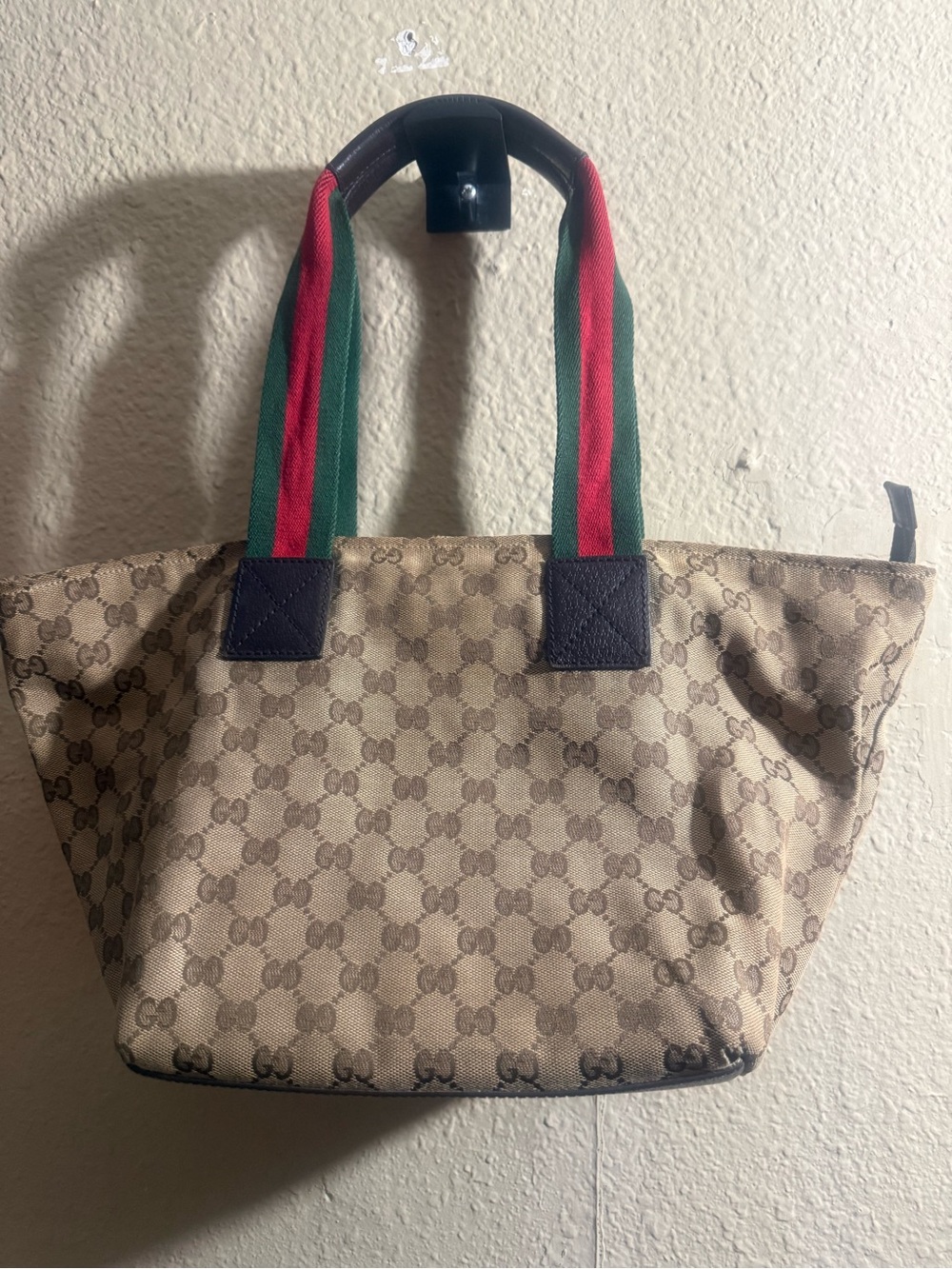 Gucci Beige Monogram Crossbody Tote with Green & Red Web Straps